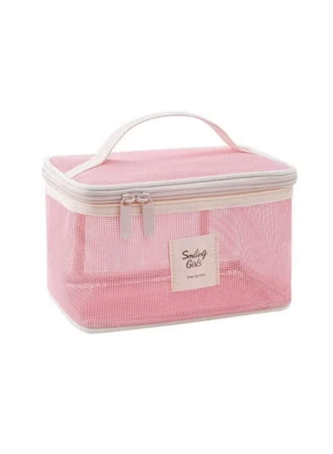 Ramadan's Practical Gem – Pink Soft Mesh Makeup & Toiletry Bag, Lightweight Portable Organizer with Handle & Zipper for Women - Image 4